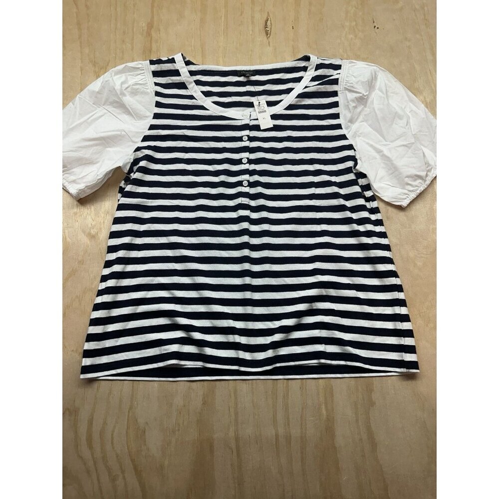Talbots Black & White Woven Sleeve Henley Tee in Bali Stripe Buttons Women’s XL‎